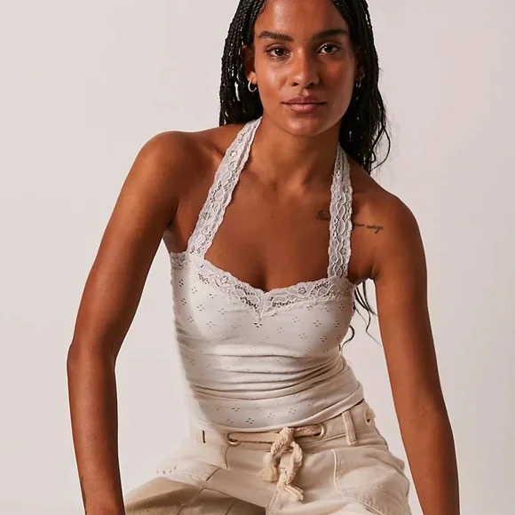 NWT Free People Eyelet Seamless Halter Top in Ivory Size M/L - Picture 3 of 7